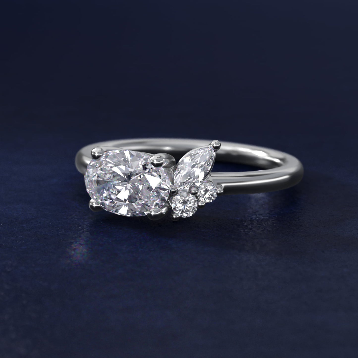 Asymmetrical Marquise and Round Cluster Diamond Engagement Ring in 14k White Gold - Oval Center