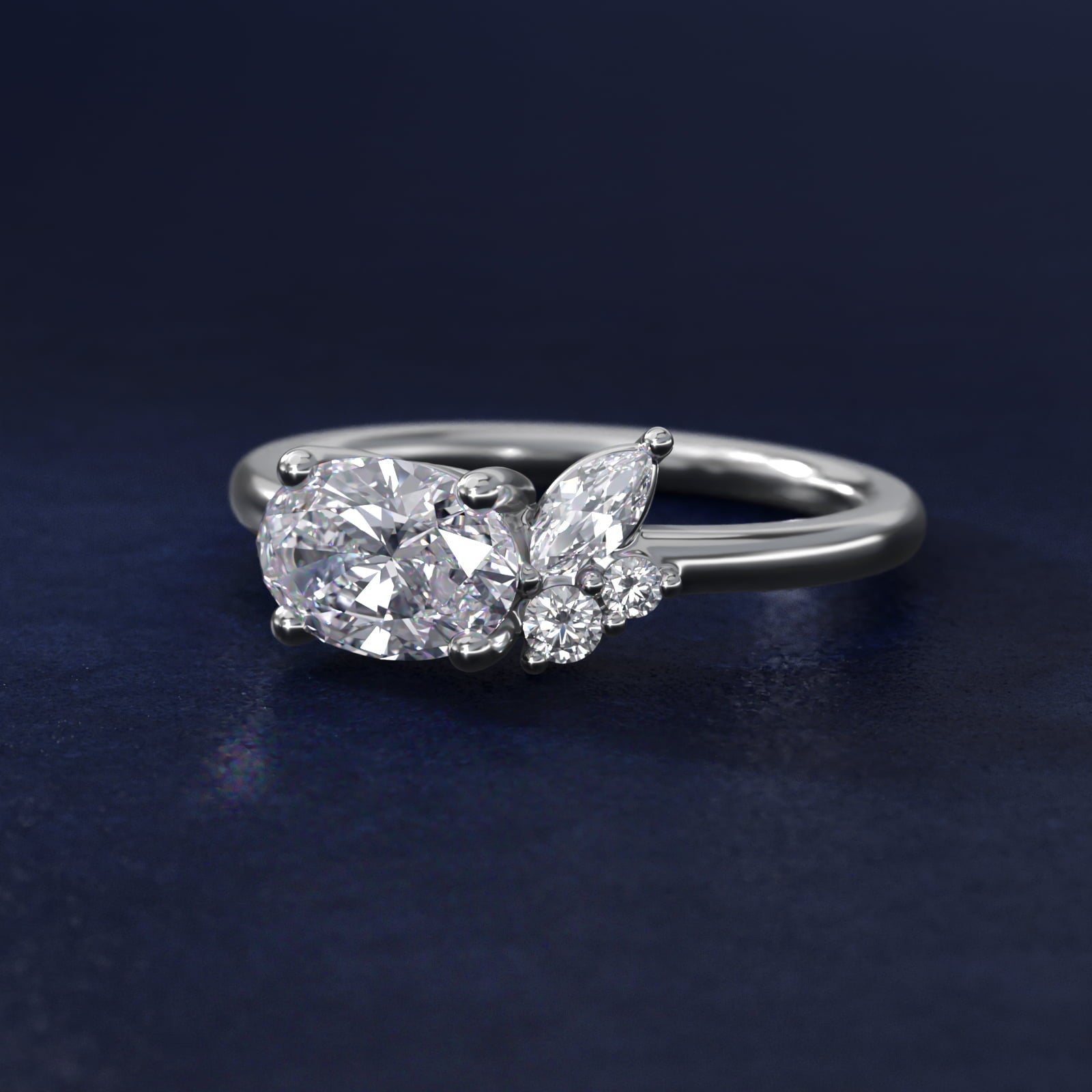 Asymmetrical Marquise and Round Cluster Diamond Engagement Ring in 18k White Gold - Oval Center