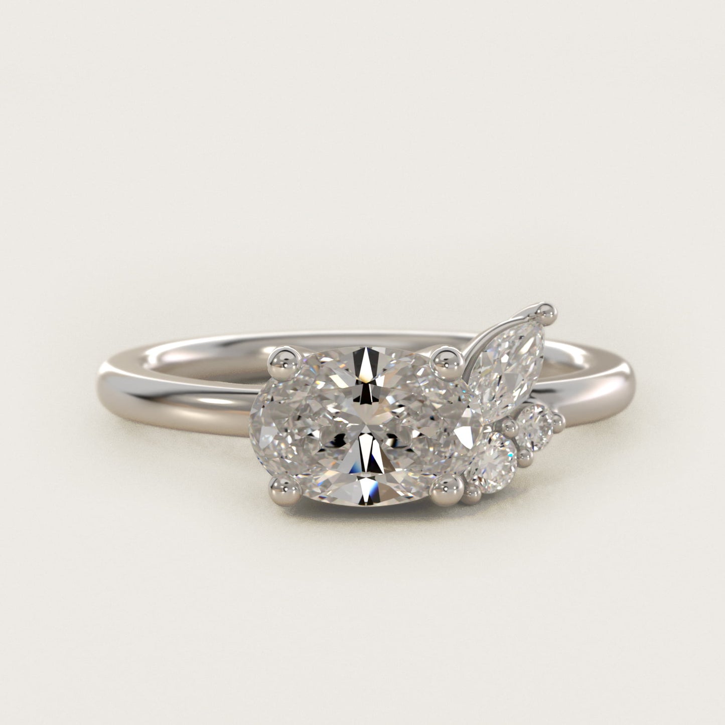 Asymmetrical Marquise and Round Cluster Diamond Engagement Ring in 14k White Gold - Oval Center