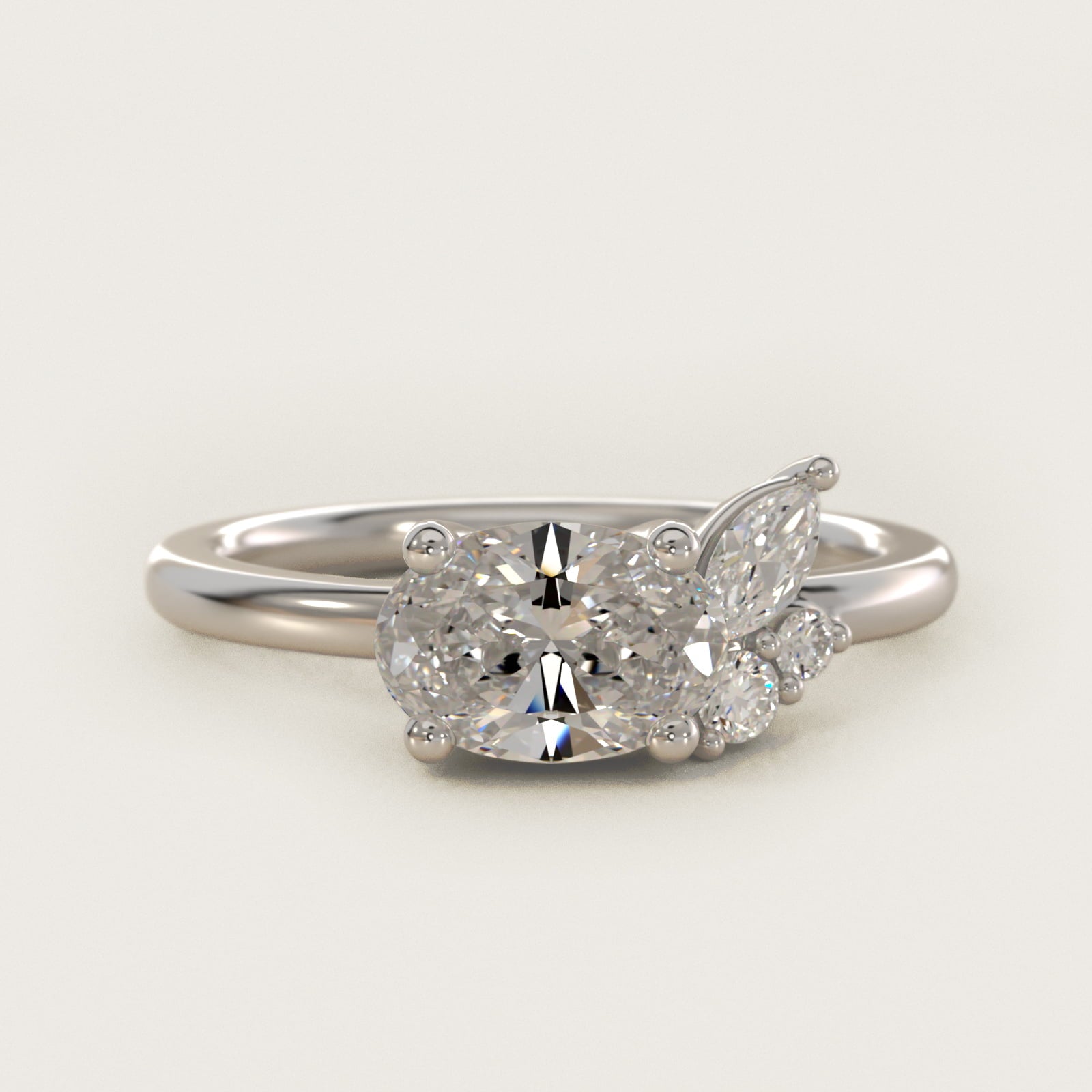 Asymmetrical Marquise and Round Cluster Diamond Engagement Ring in 14k White Gold - Oval Center