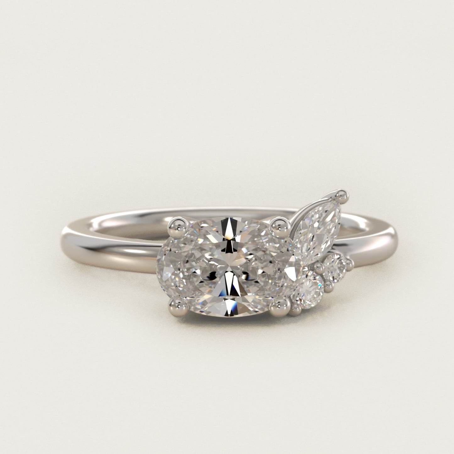 Asymmetrical Marquise and Round Cluster Diamond Engagement Ring in 18k White Gold - Oval Center