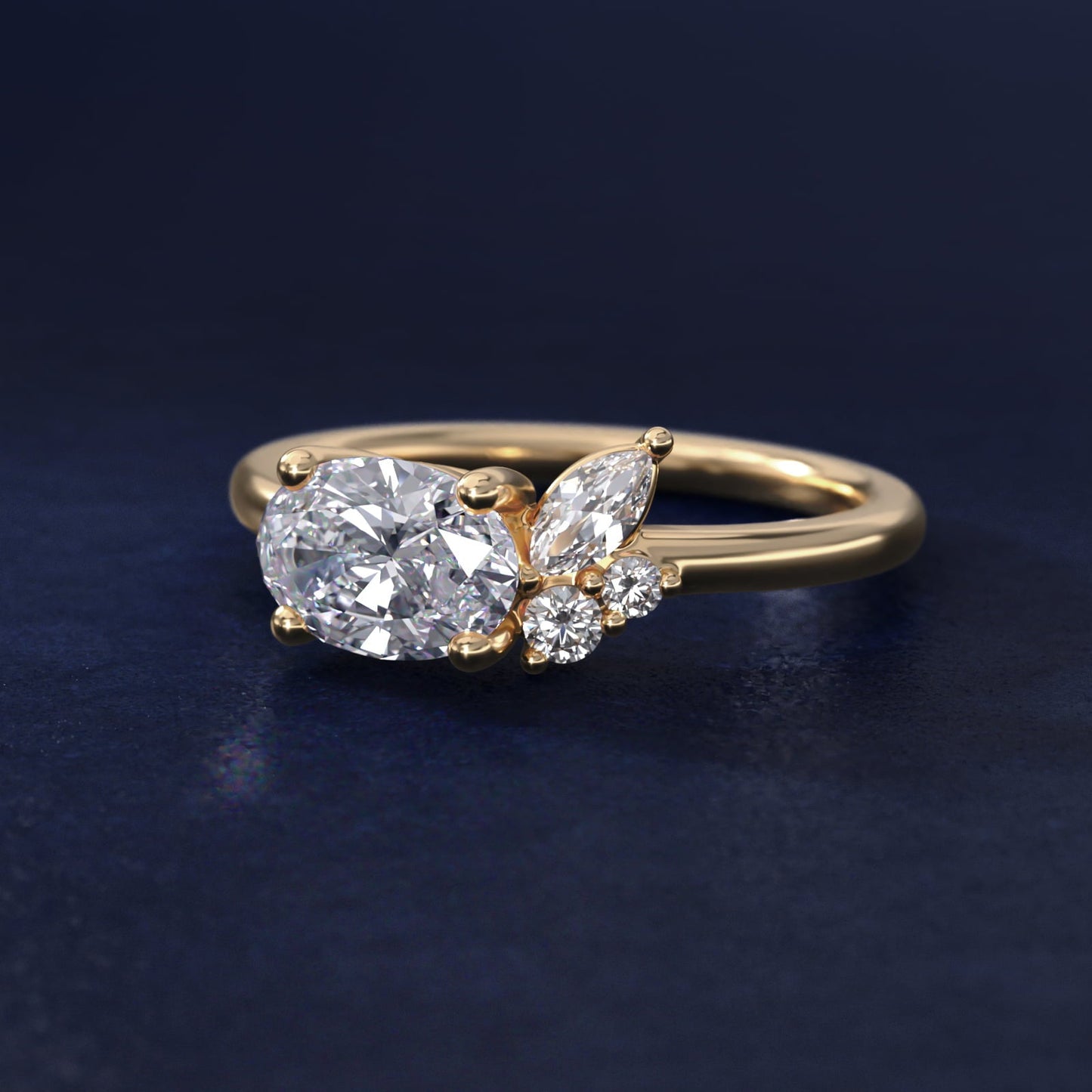 Asymmetrical Marquise and Round Cluster Diamond Engagement Ring in 18k Yellow Gold - Oval Center