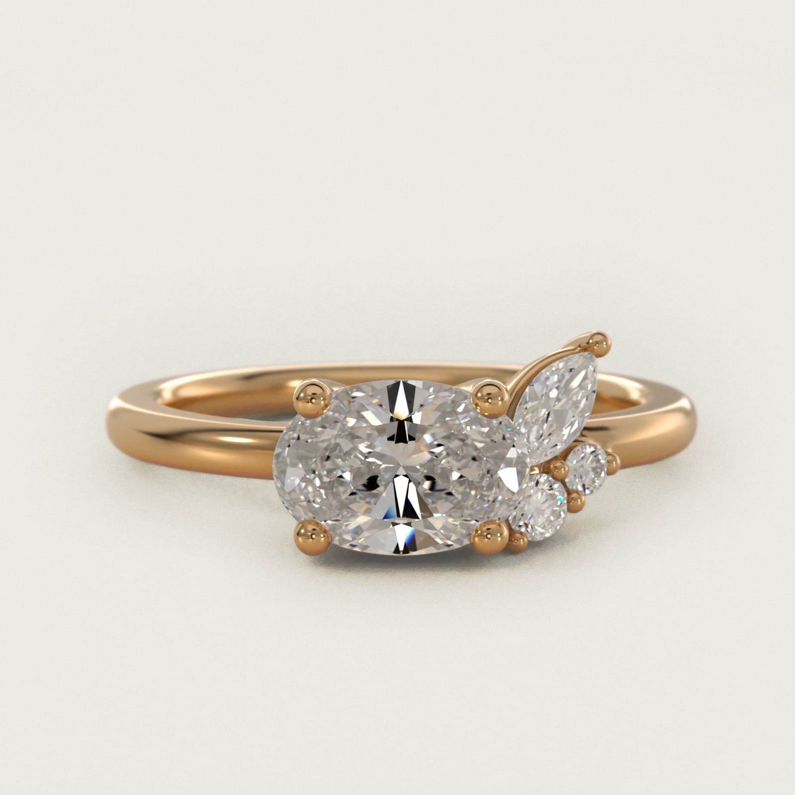 Asymmetrical Marquise and Round Cluster Diamond Engagement Ring in 18k Yellow Gold - Oval Center