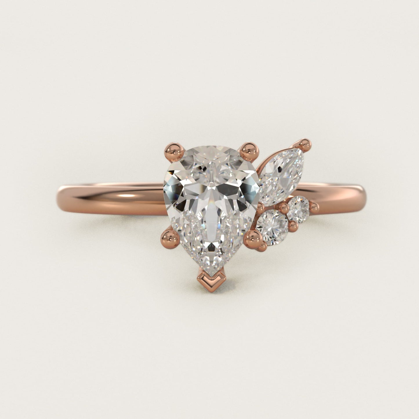 Asymmetrical Marquise and Round Cluster Diamond Engagement Ring in 14k Rose Gold - Pear Center