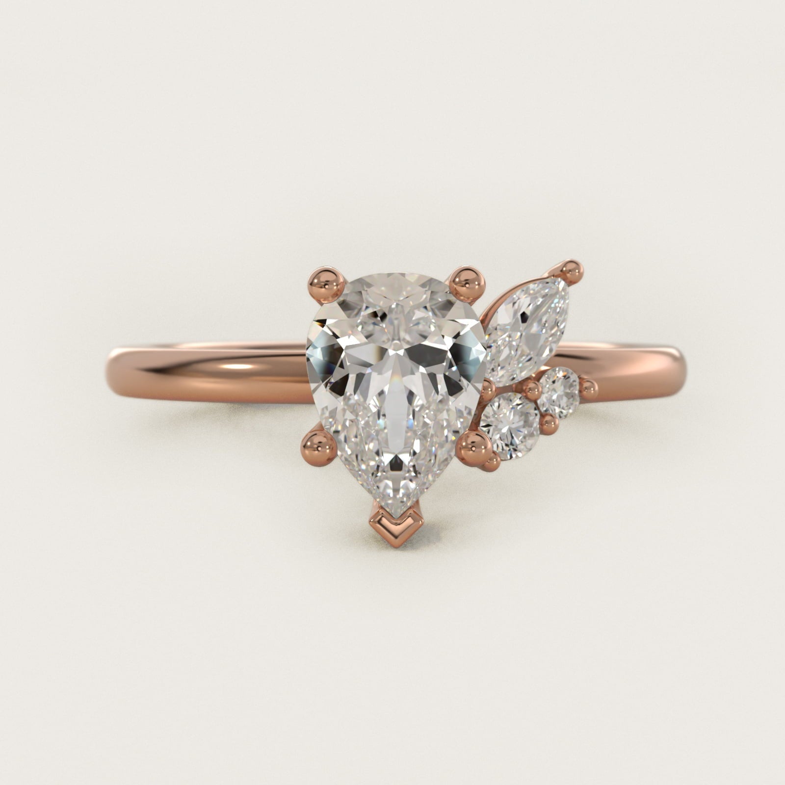 Asymmetrical Marquise and Round Cluster Diamond Engagement Ring in 18k Rose Gold - Pear Center