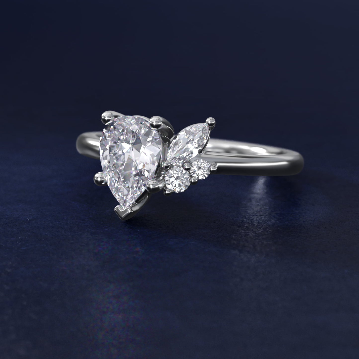 Asymmetrical Marquise and Round Cluster Diamond Engagement Ring in 14k White Gold - Pear Center