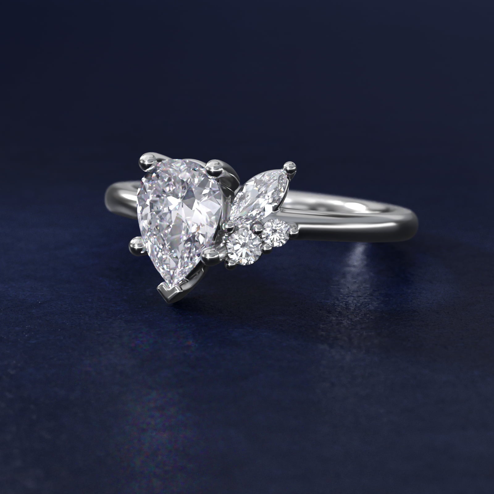 Asymmetrical Marquise and Round Cluster Diamond Engagement Ring in 18k White Gold - Pear Center