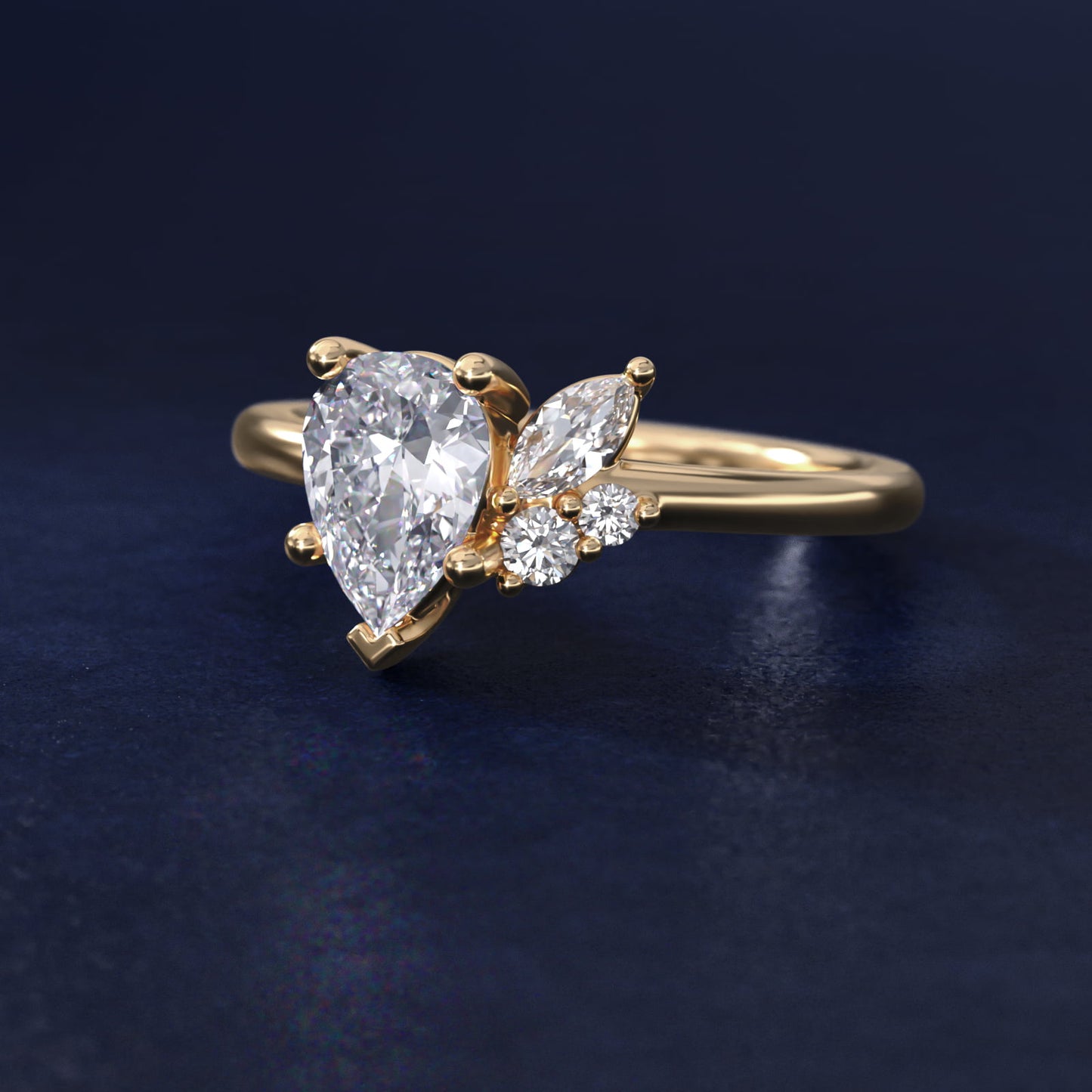Asymmetrical Marquise and Round Cluster Diamond Engagement Ring in 14k Yellow Gold - Pear Center