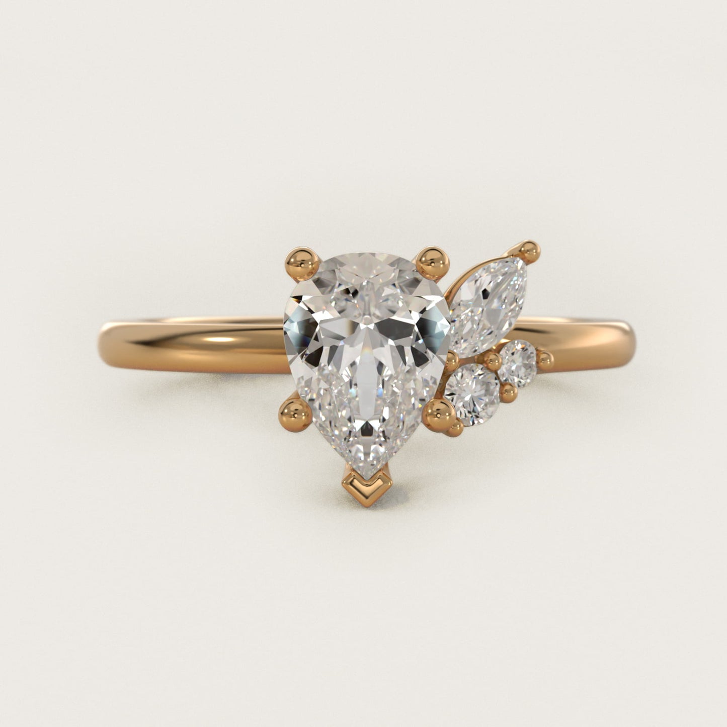 Asymmetrical Marquise and Round Cluster Diamond Engagement Ring in 14k Yellow Gold - Pear Center