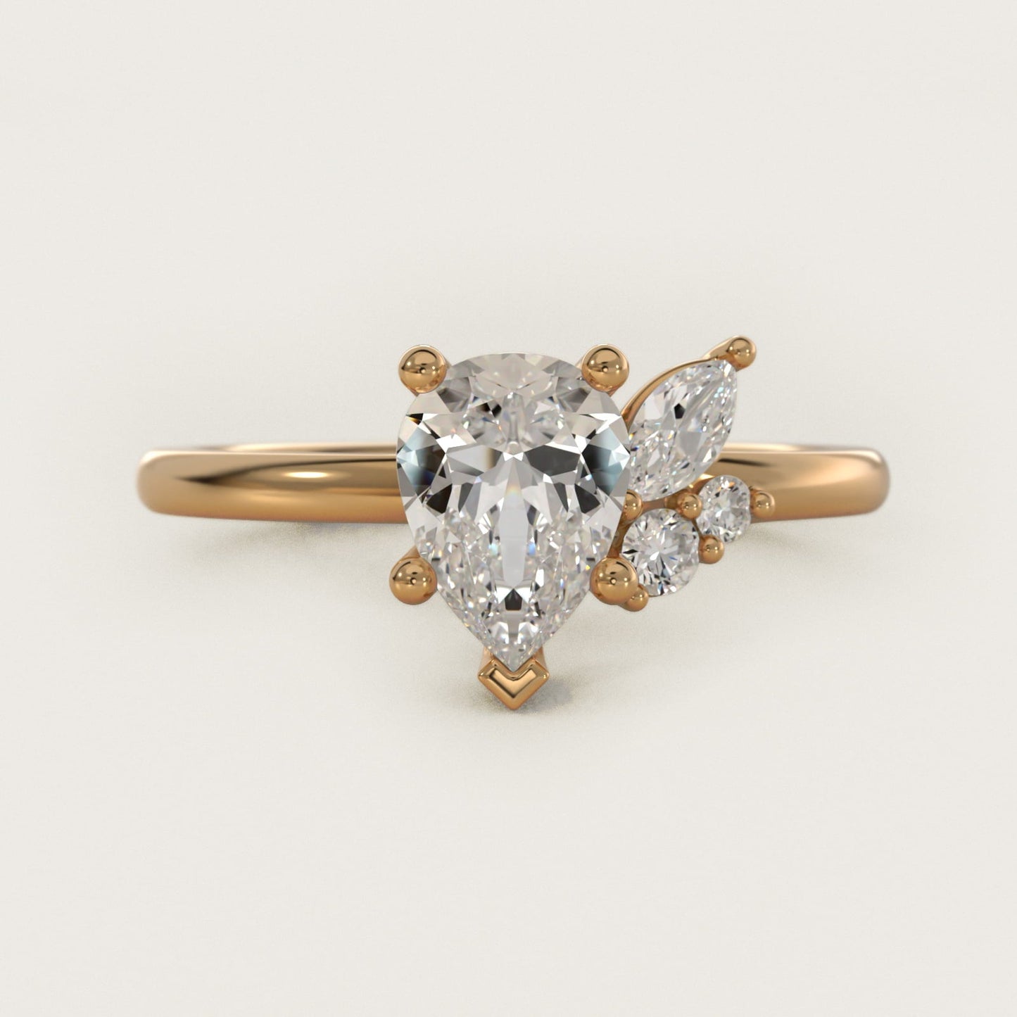 Asymmetrical Marquise and Round Cluster Diamond Engagement Ring in 18k Yellow Gold - Pear Center