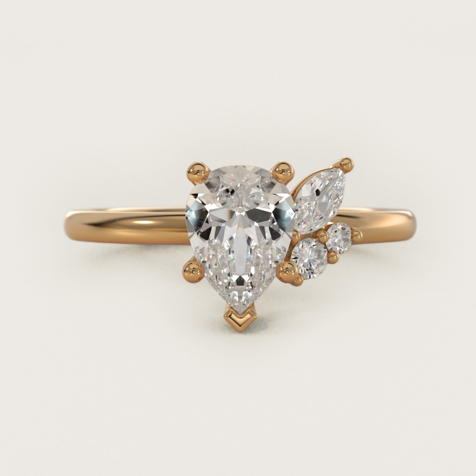 Asymmetrical Marquise and Round Cluster Diamond Engagement Ring in 18k Yellow Gold - Pear Center