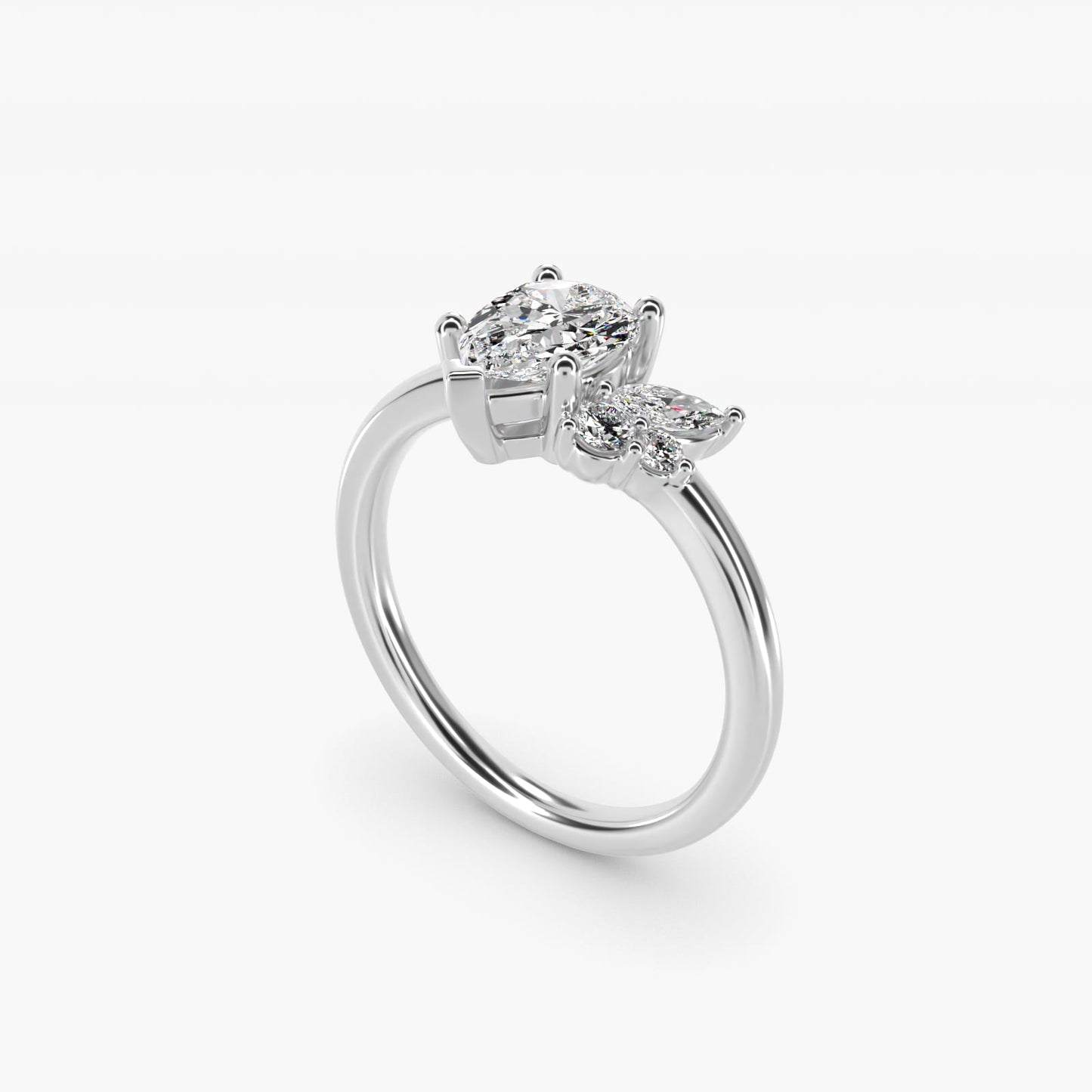 Asymmetrical Marquise and Round Cluster Diamond Engagement Ring in Platinum - Pear Center