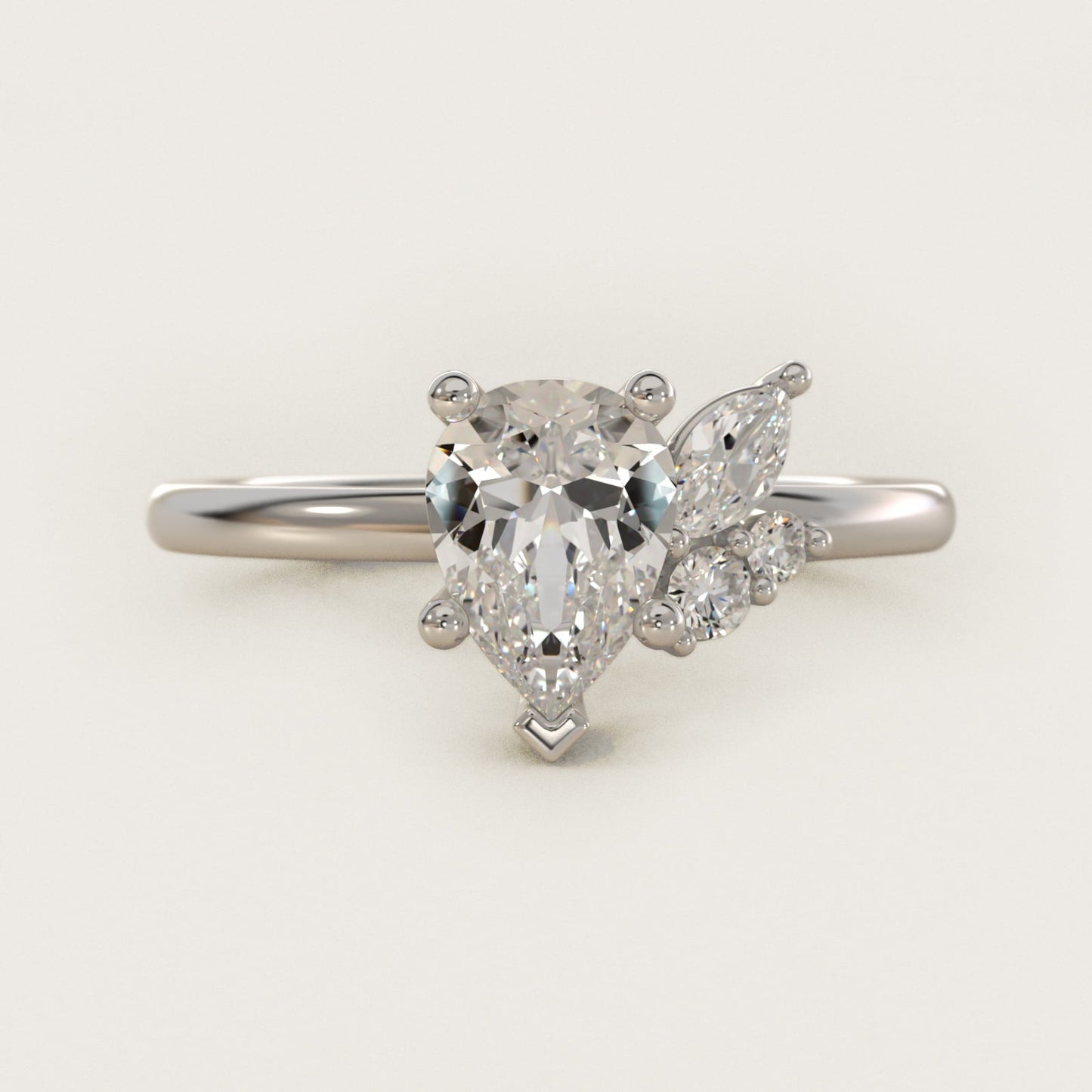 Asymmetrical Marquise and Round Cluster Diamond Engagement Ring in Platinum - Pear Center