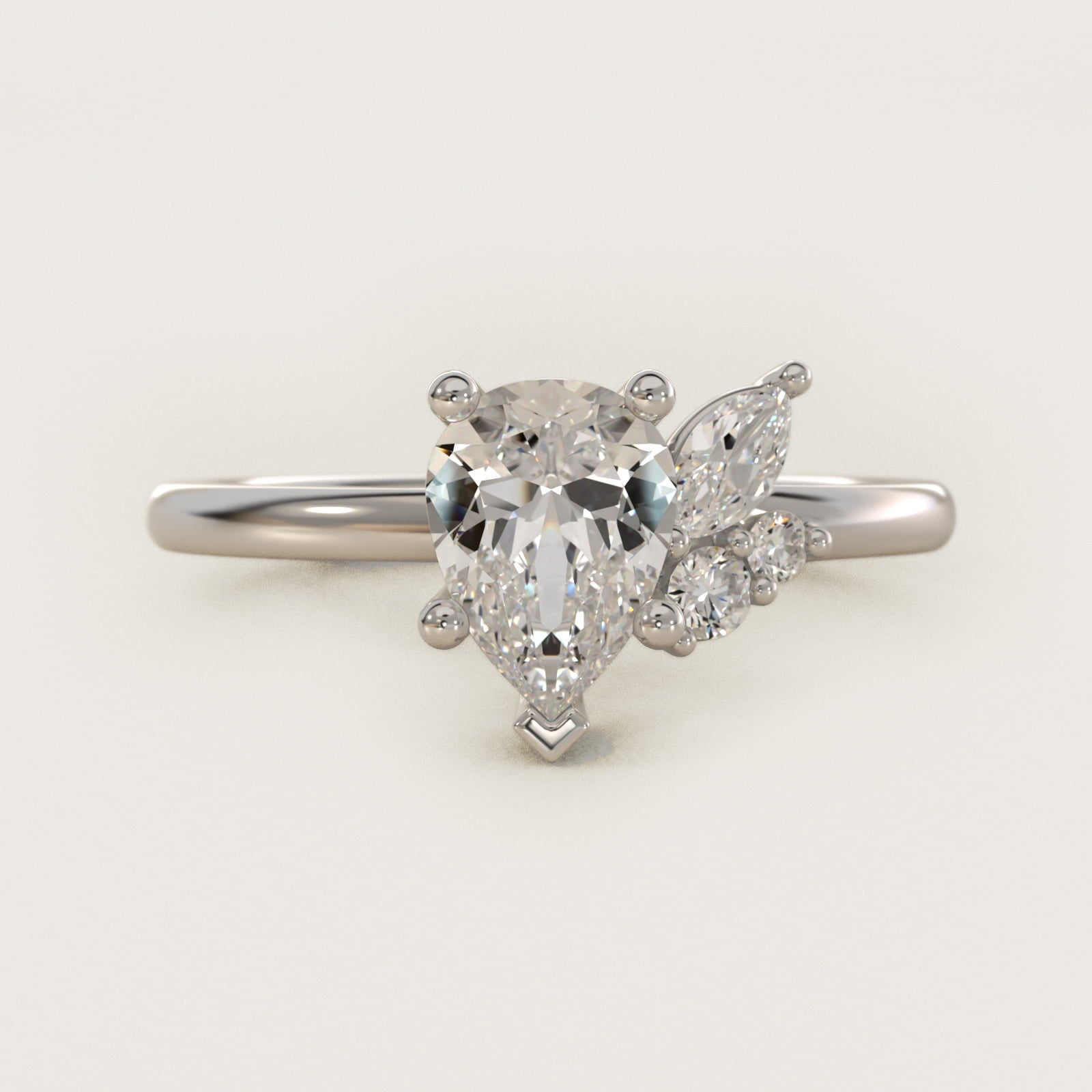 Asymmetrical Marquise and Round Cluster Diamond Engagement Ring in Platinum - Pear Center
