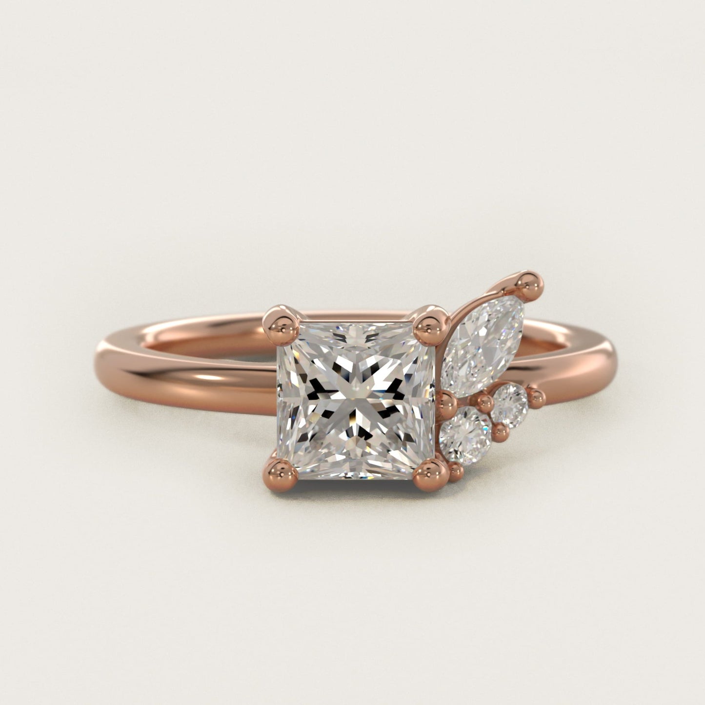 Asymmetrical Marquise and Round Cluster Diamond Engagement Ring in 18k Rose Gold - Princess Center