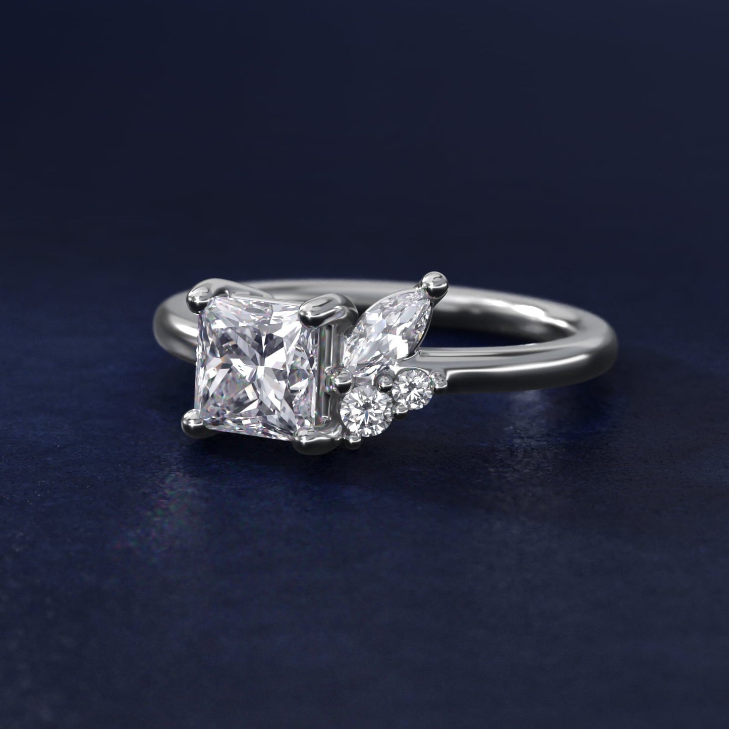 Asymmetrical Marquise and Round Cluster Diamond Engagement Ring in 18k White Gold - Princess Center