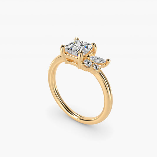 Asymmetrical Marquise and Round Cluster Diamond Engagement Ring in 18k Yellow Gold - Princess Center
