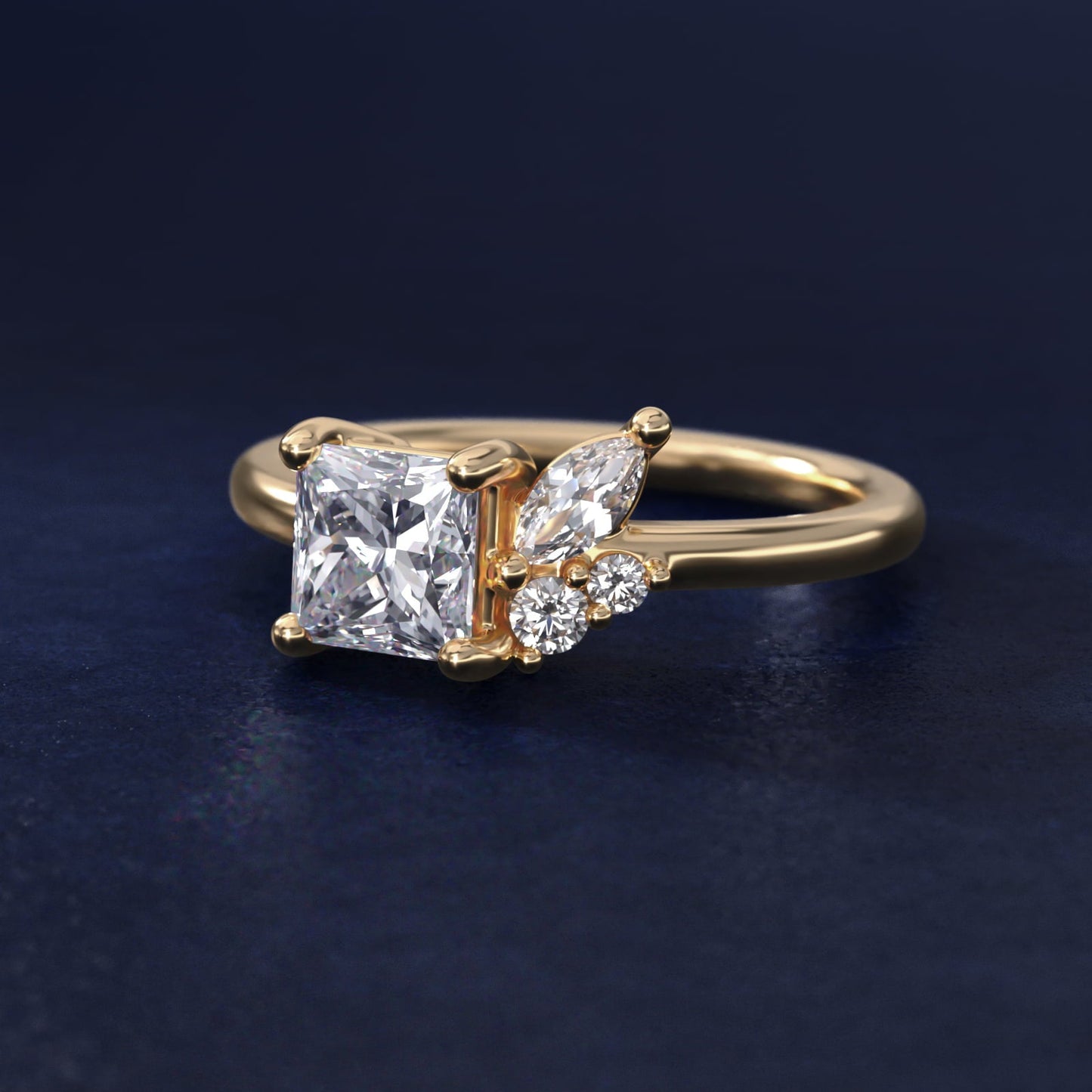 Asymmetrical Marquise and Round Cluster Diamond Engagement Ring in 18k Yellow Gold - Princess Center