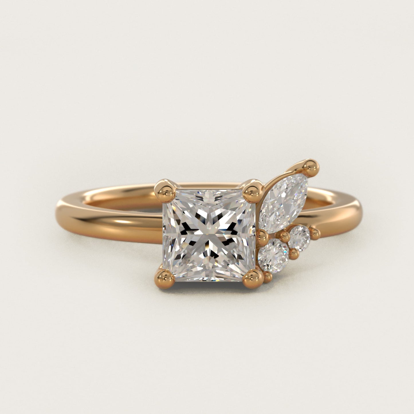 Asymmetrical Marquise and Round Cluster Diamond Engagement Ring in 14k Yellow Gold - Princess Center