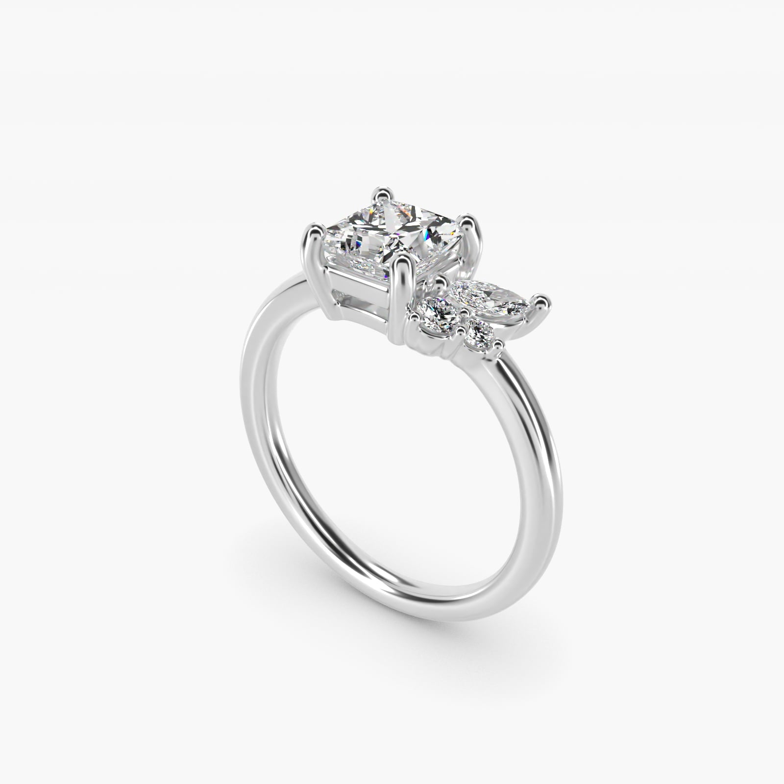 Asymmetrical Marquise and Round Cluster Diamond Engagement Ring in Platinum - Princess Center