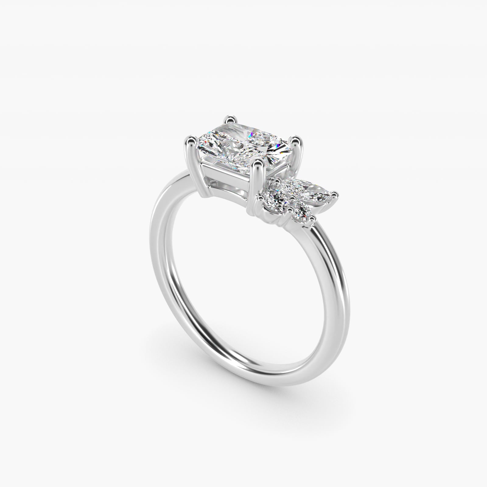 Asymmetrical Marquise and Round Cluster Diamond Engagement Ring in 14k White Gold - Radiant Center