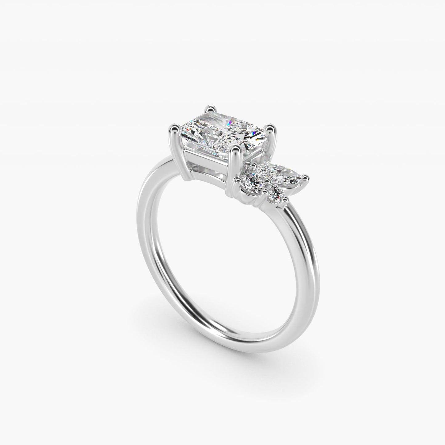 Asymmetrical Marquise and Round Cluster Diamond Engagement Ring in 18k White Gold - Radiant Center