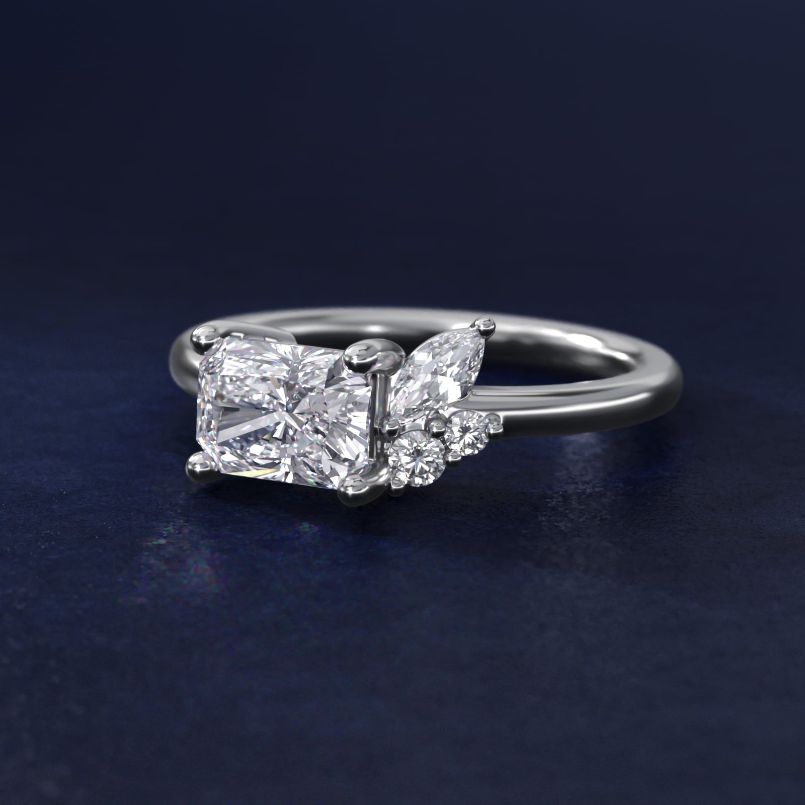 Asymmetrical Marquise and Round Cluster Diamond Engagement Ring in 18k White Gold - Radiant Center
