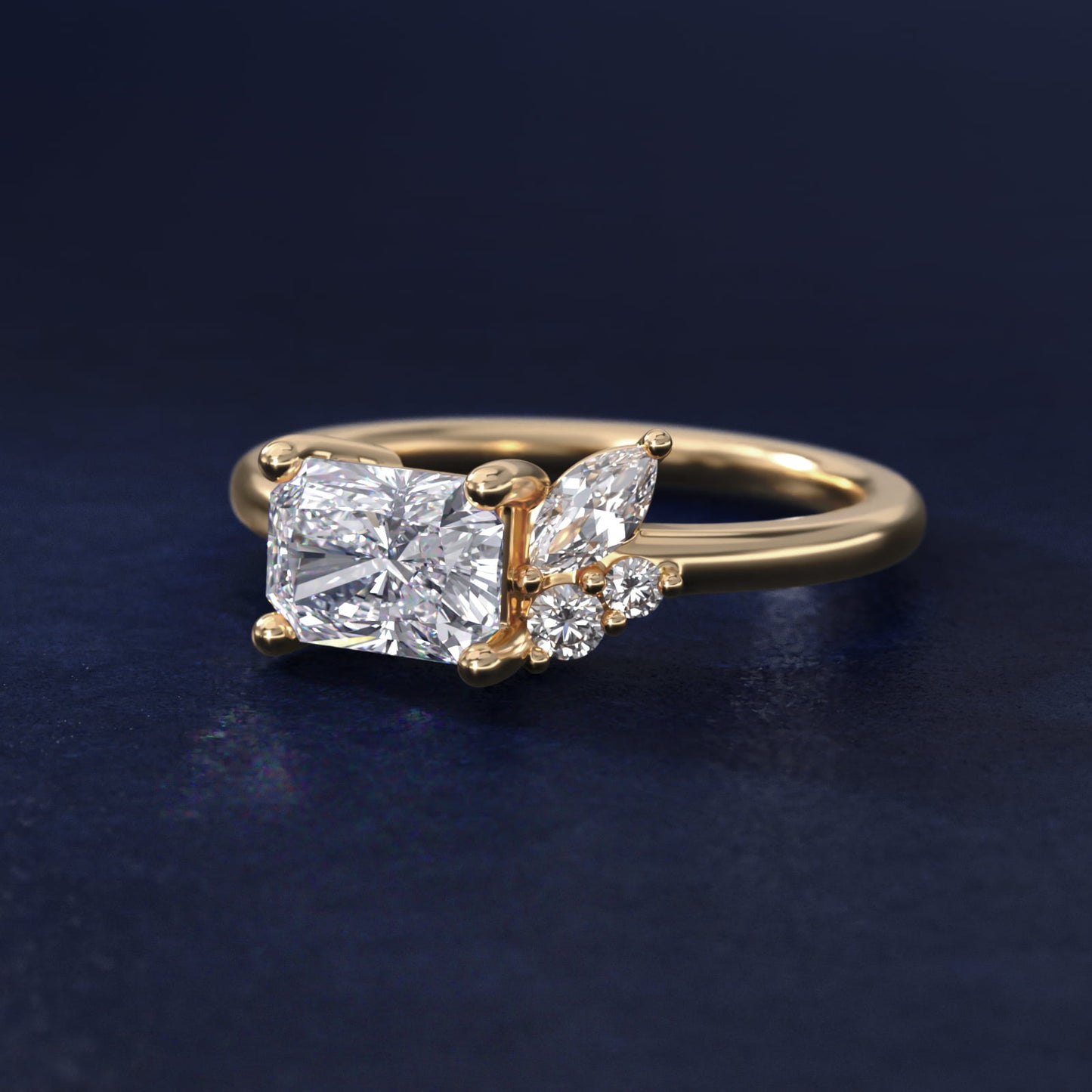 Asymmetrical Marquise and Round Cluster Diamond Engagement Ring in 14k Yellow Gold - Radiant Center