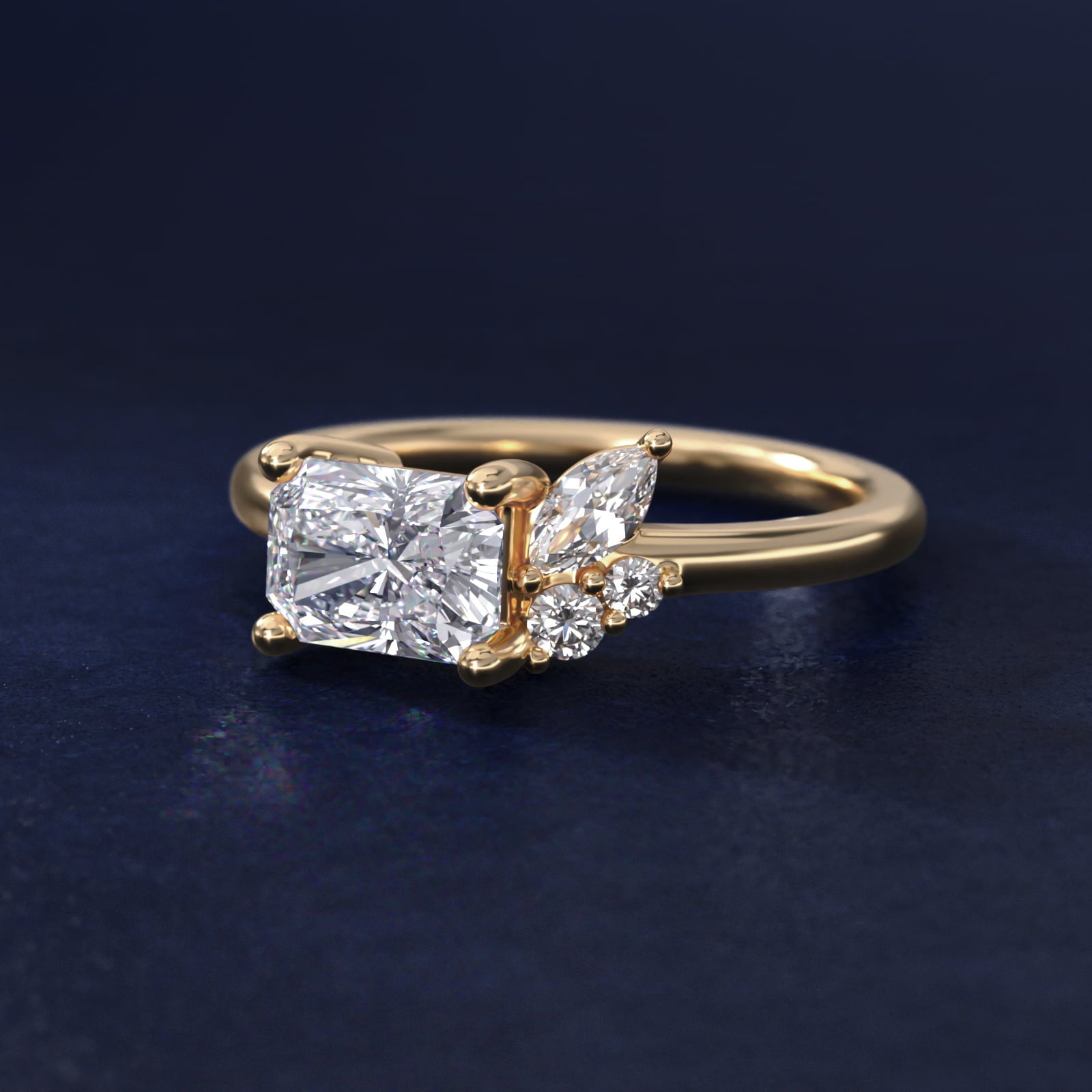 Asymmetrical Marquise and Round Cluster Diamond Engagement Ring in 14k Yellow Gold - Radiant Center