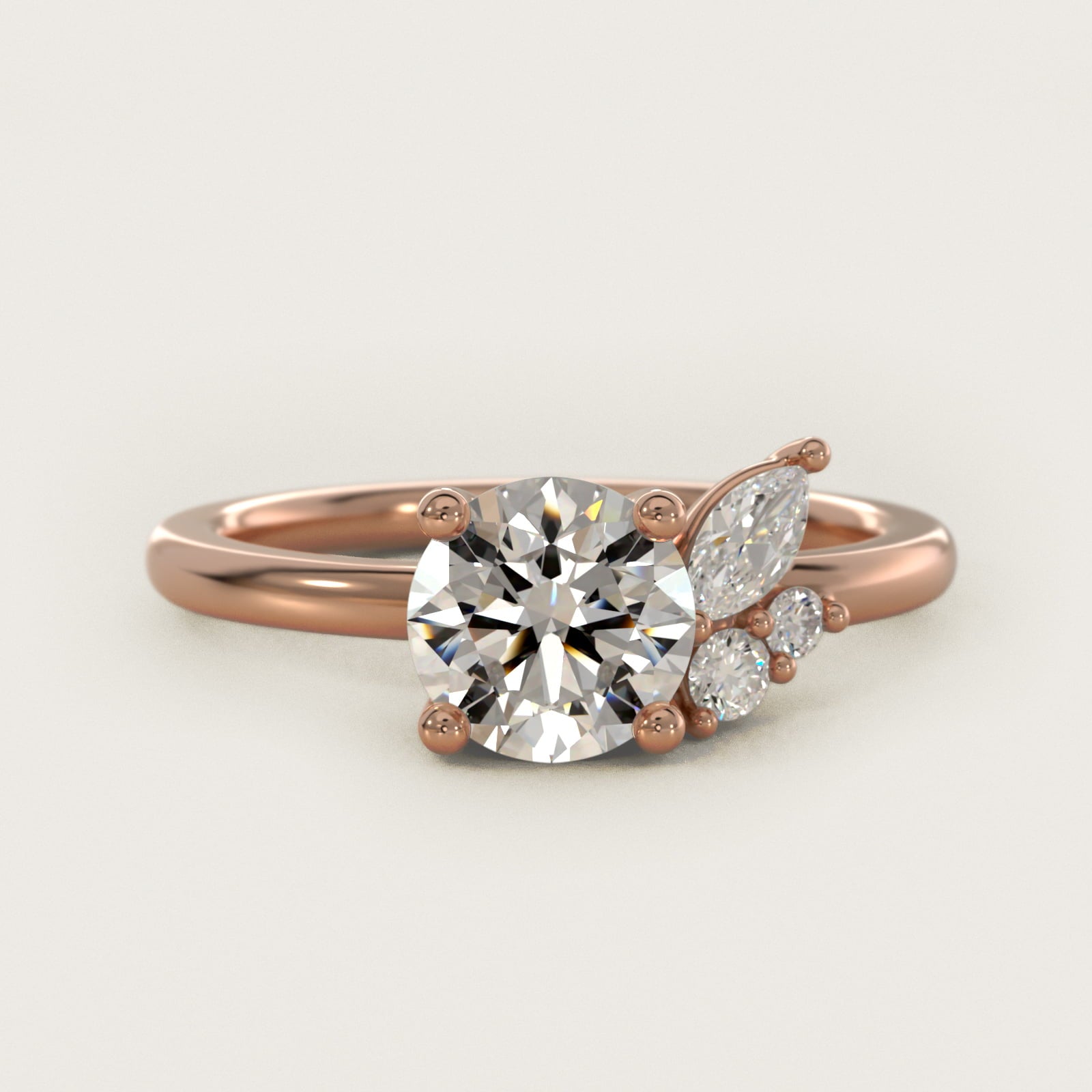 Asymmetrical Marquise and Round Cluster Diamond Engagement Ring in 14k Rose Gold - Round Center