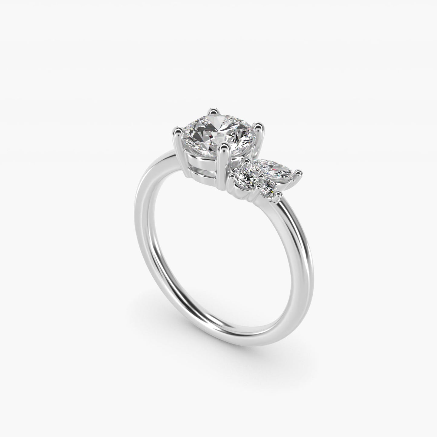 Asymmetrical Marquise and Round Cluster Diamond Engagement Ring in 14k White Gold - Round Center