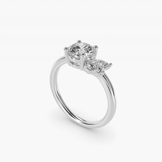 Asymmetrical Marquise and Round Cluster Diamond Engagement Ring in 18k White Gold - Round Center