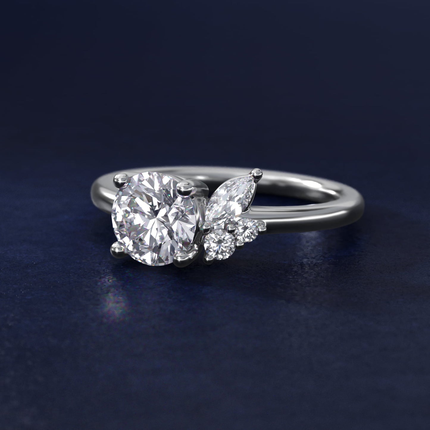Asymmetrical Marquise and Round Cluster Diamond Engagement Ring in 14k White Gold - Round Center