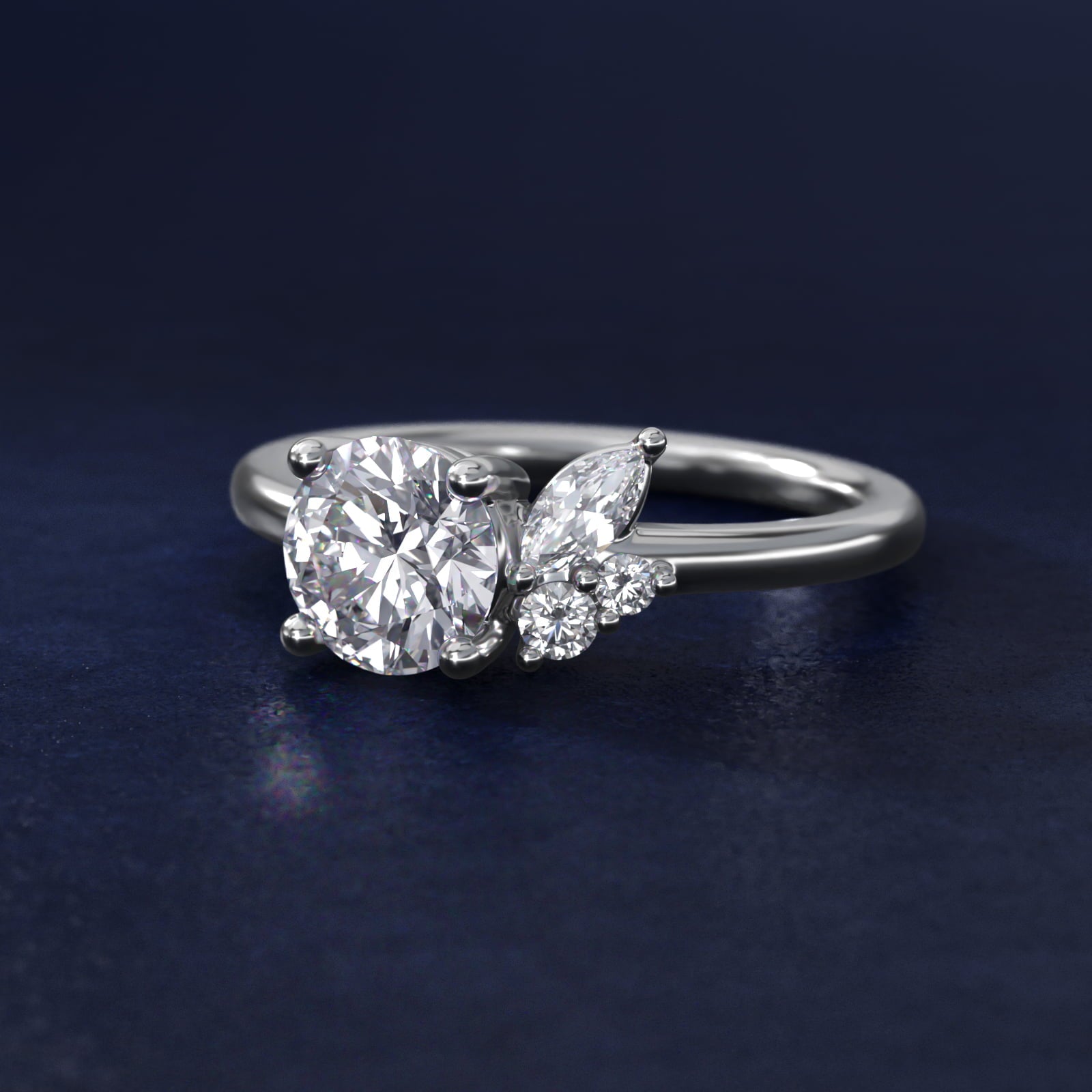 Asymmetrical Marquise and Round Cluster Diamond Engagement Ring in 14k White Gold - Round Center