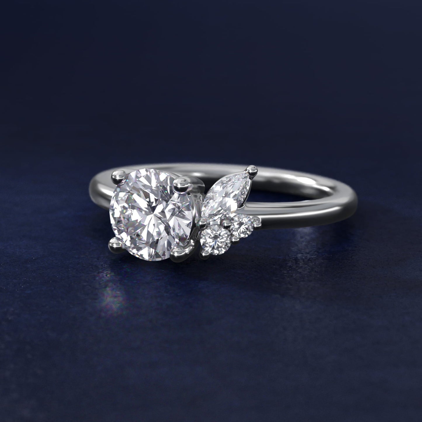 Asymmetrical Marquise and Round Cluster Diamond Engagement Ring in 18k White Gold - Round Center