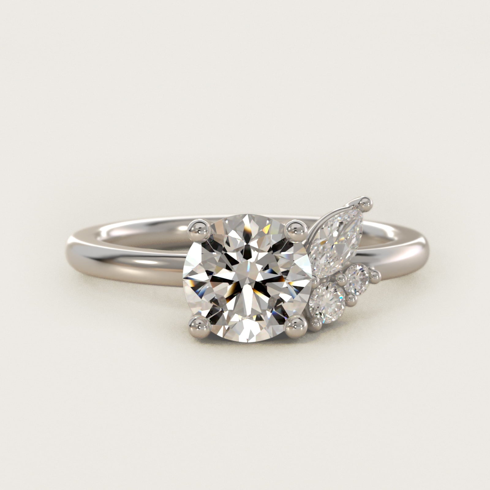 Asymmetrical Marquise and Round Cluster Diamond Engagement Ring in 14k White Gold - Round Center