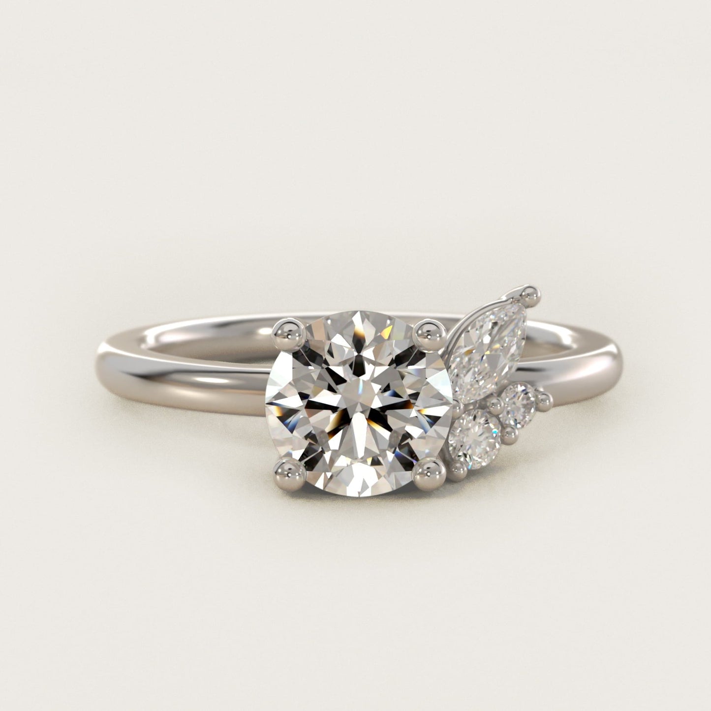 Asymmetrical Marquise and Round Cluster Diamond Engagement Ring in 18k White Gold - Round Center