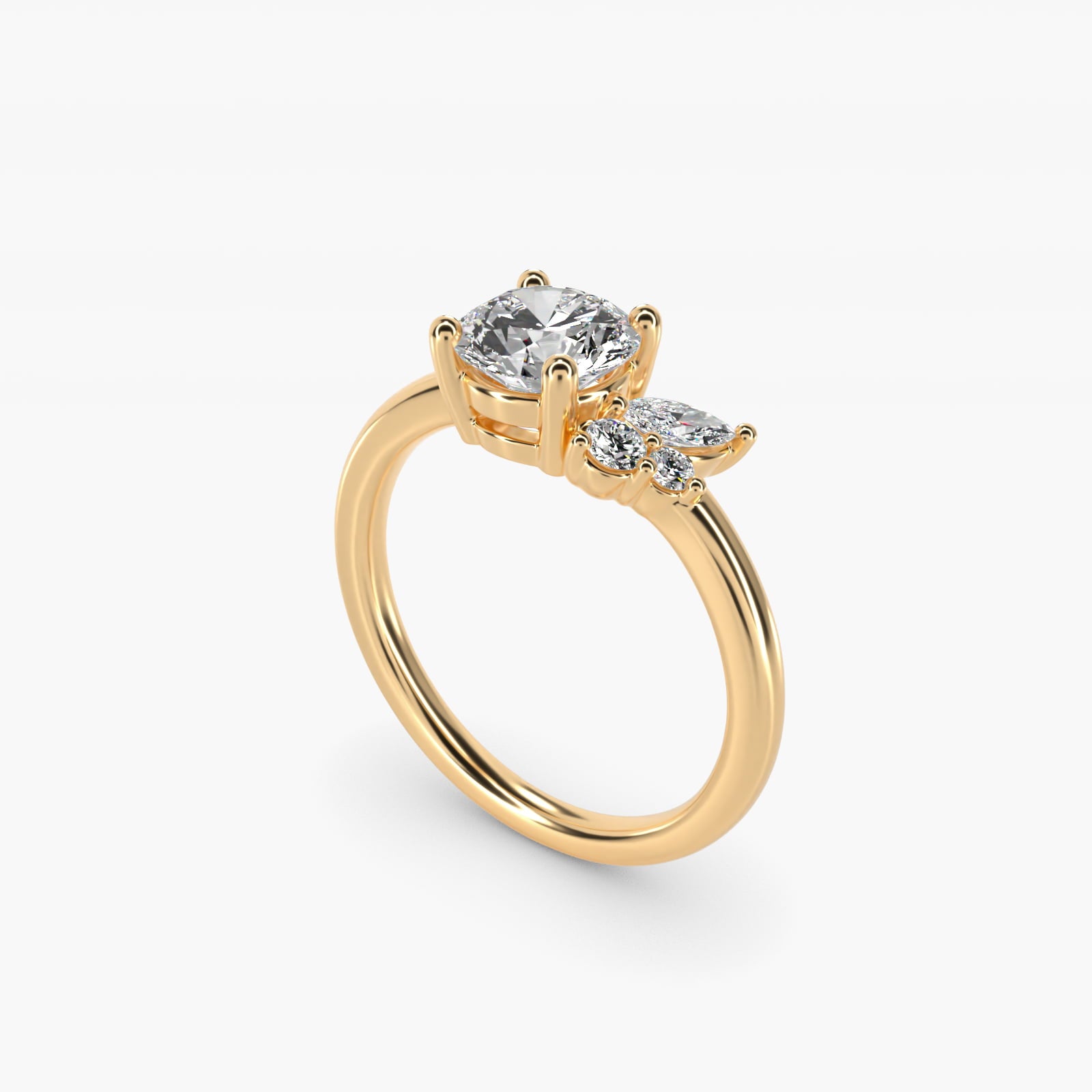 Asymmetrical Marquise and Round Cluster Diamond Engagement Ring in 14k Yellow Gold - Round Center