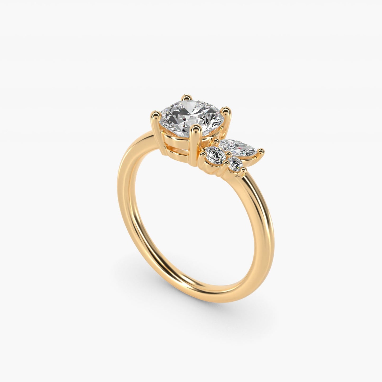 Asymmetrical Marquise and Round Cluster Diamond Engagement Ring in 18k Yellow Gold - Round Center