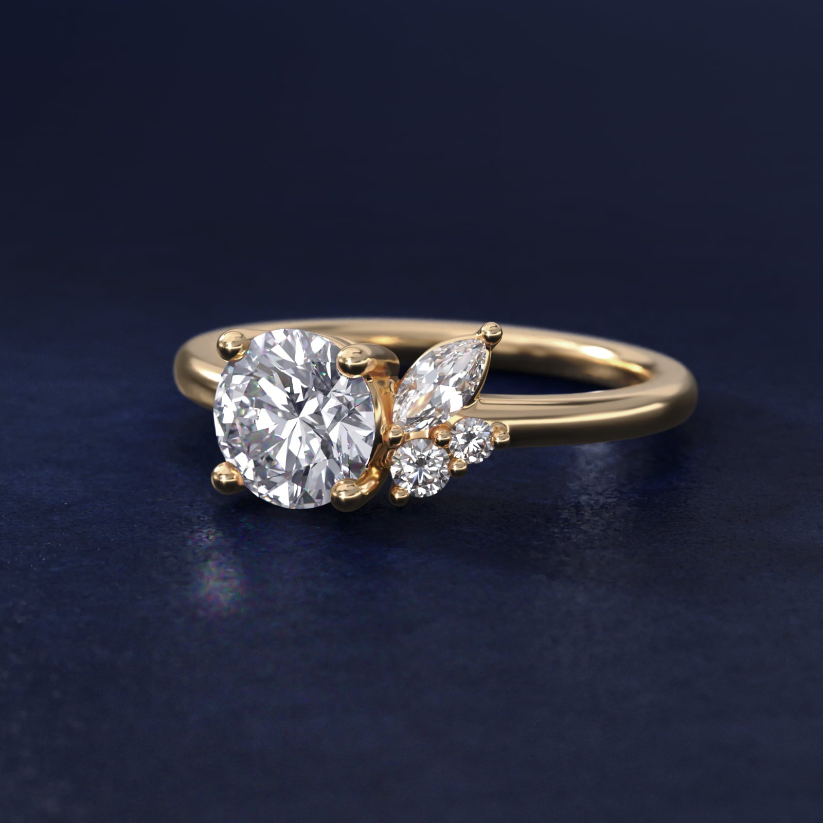 Asymmetrical Marquise and Round Cluster Diamond Engagement Ring in 18k Yellow Gold - Round Center