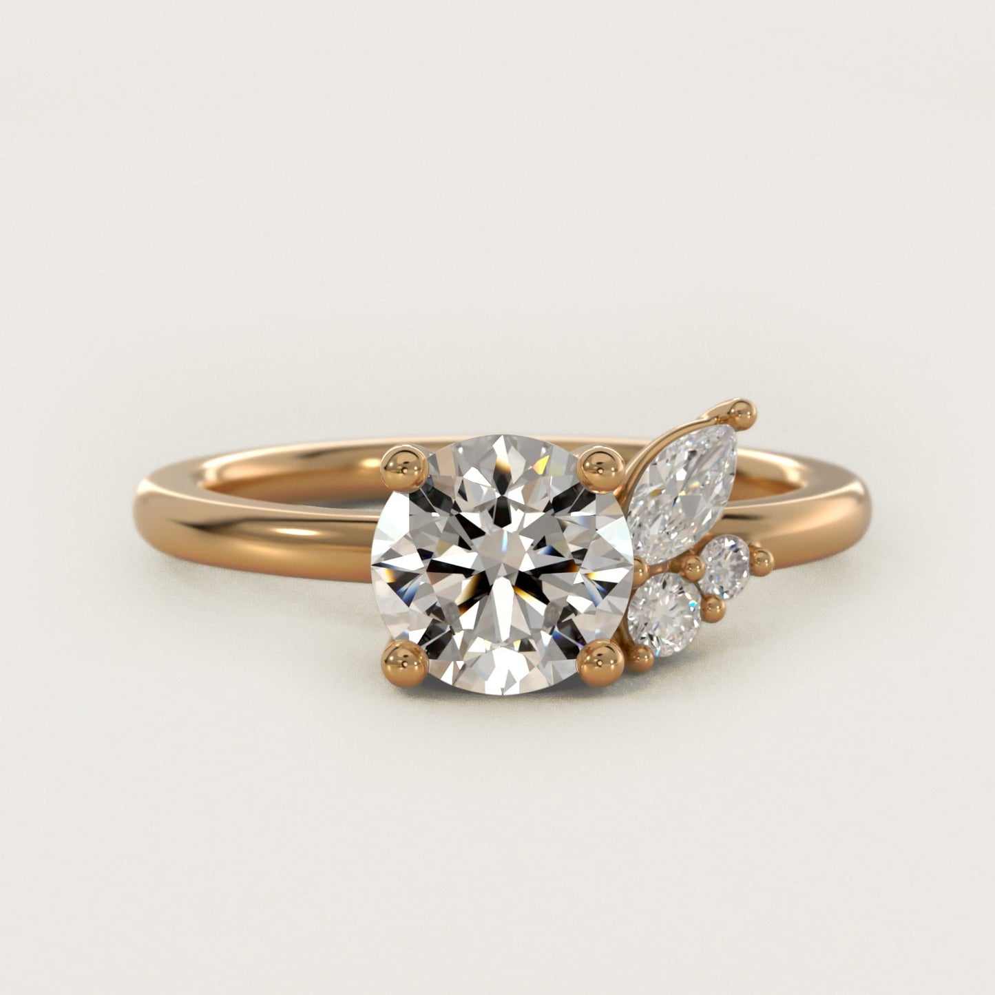 Asymmetrical Marquise and Round Cluster Diamond Engagement Ring in 18k Yellow Gold - Round Center