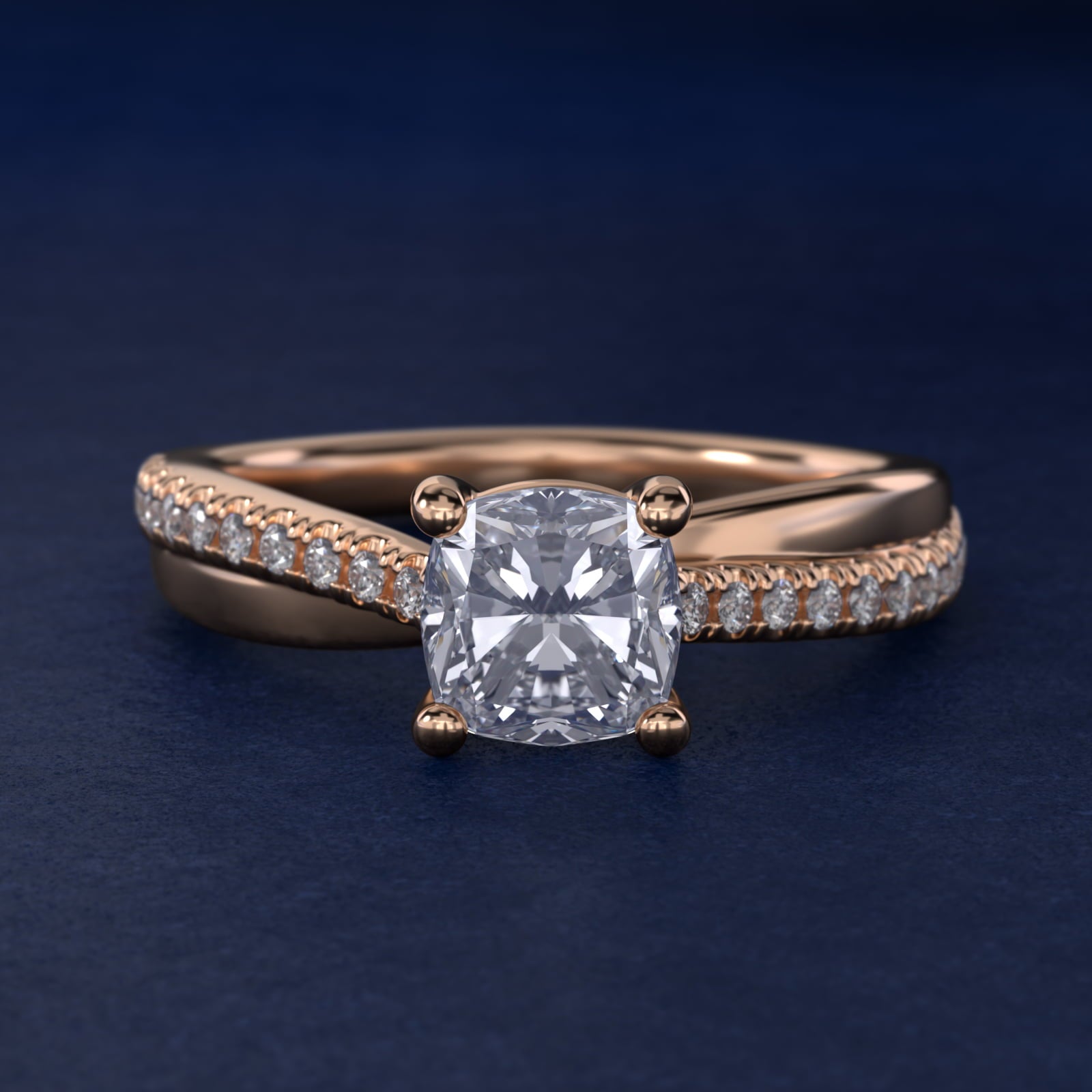Asymmetrical PavŽ Diamond Engagement Ring in 14k Rose Gold - Cushion Center