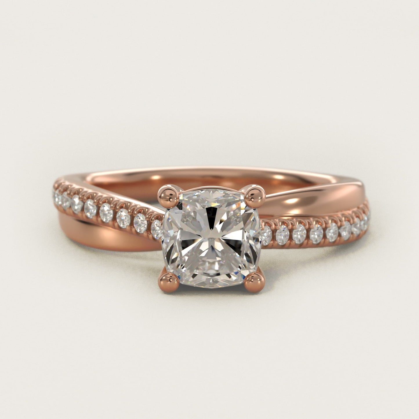 Asymmetrical Pav? Diamond Engagement Ring in 18k Rose Gold - Cushion Center