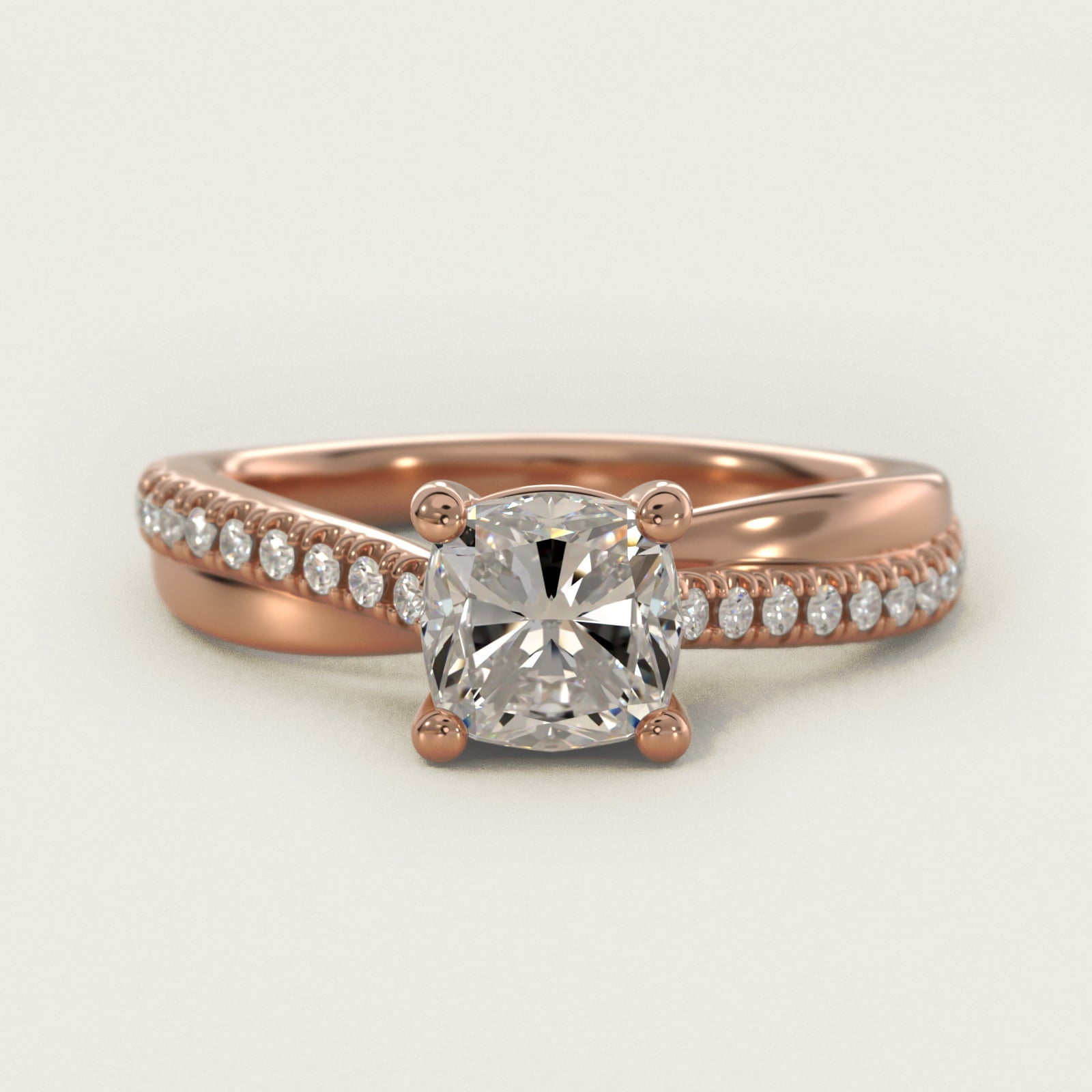 Asymmetrical Pav? Diamond Engagement Ring in 18k Rose Gold - Cushion Center