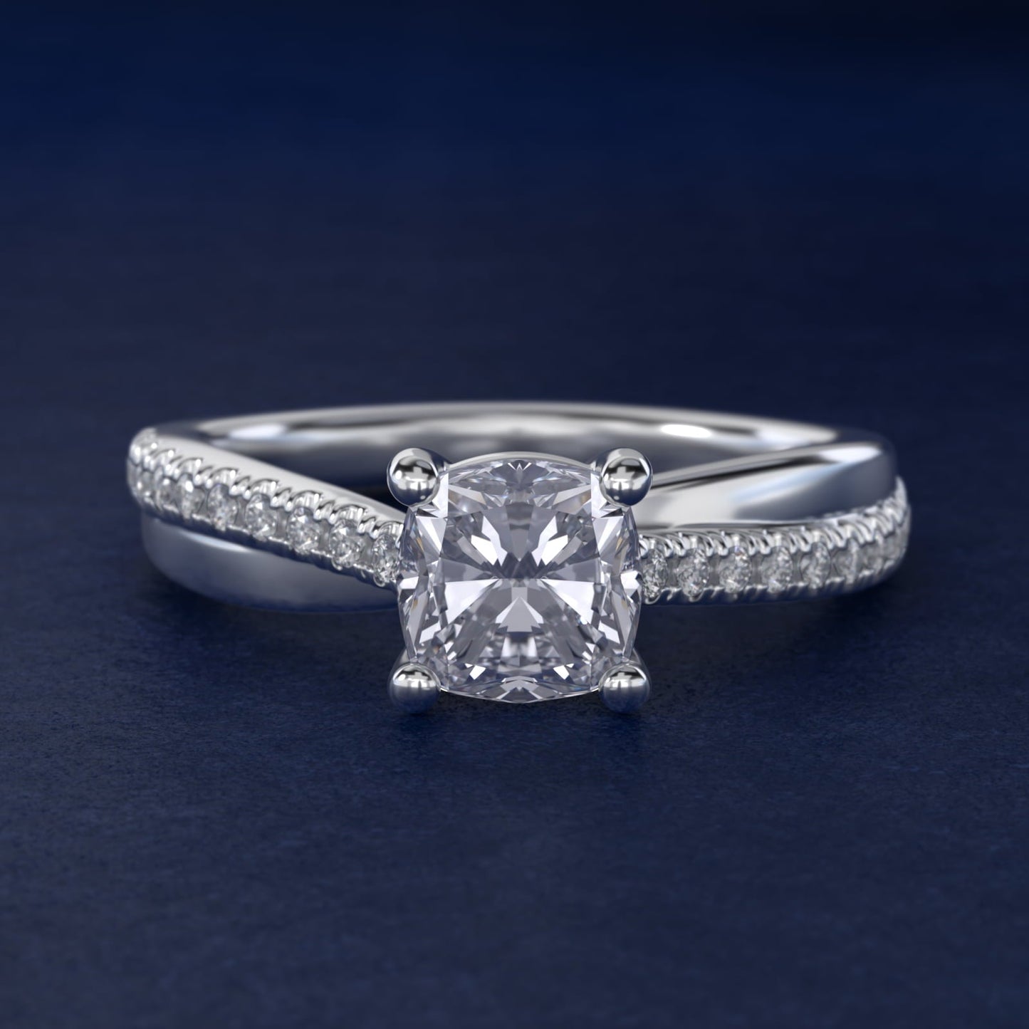 Asymmetrical Pav? Diamond Engagement Ring in 18k White Gold - Cushion Center
