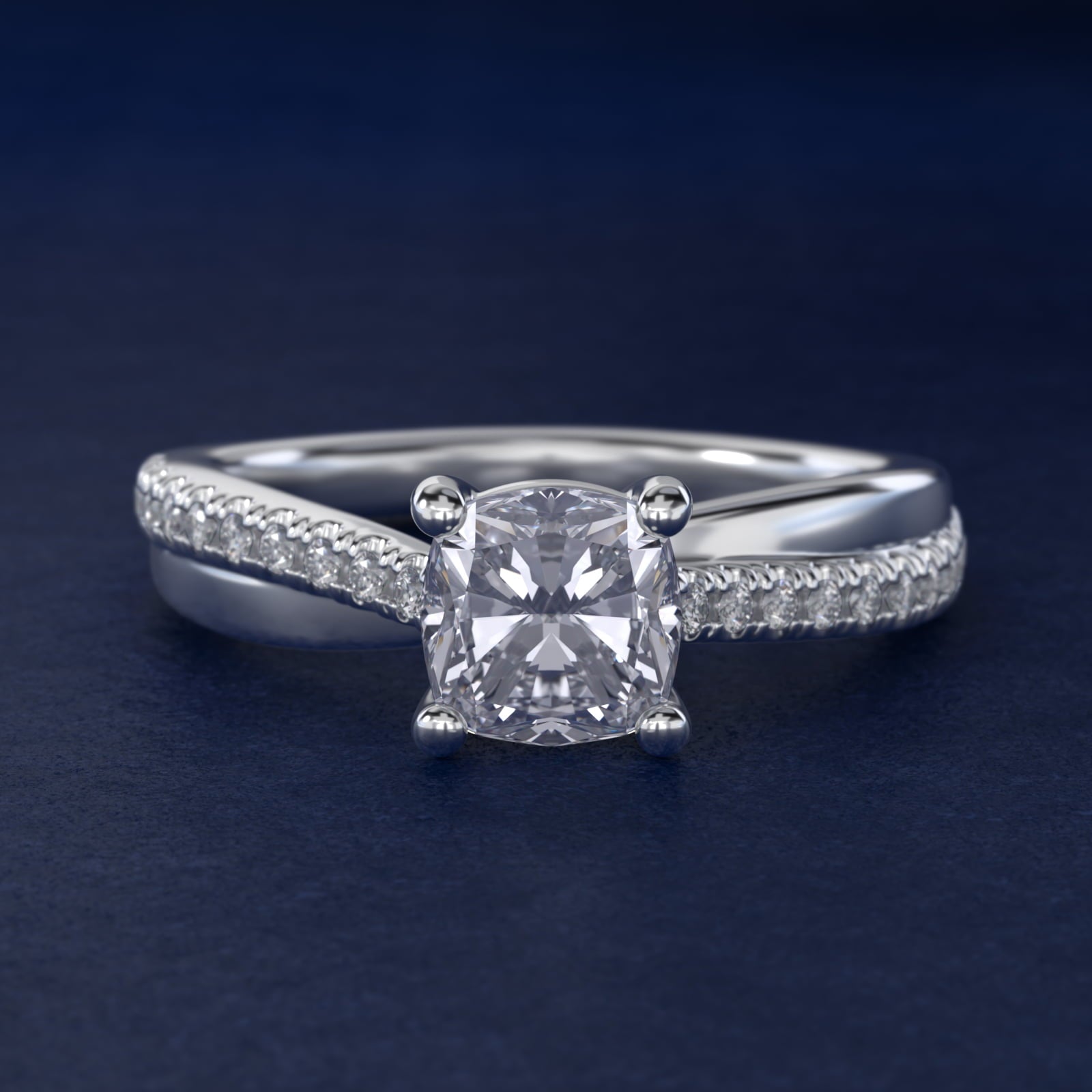 Asymmetrical Pav? Diamond Engagement Ring in 18k White Gold - Cushion Center