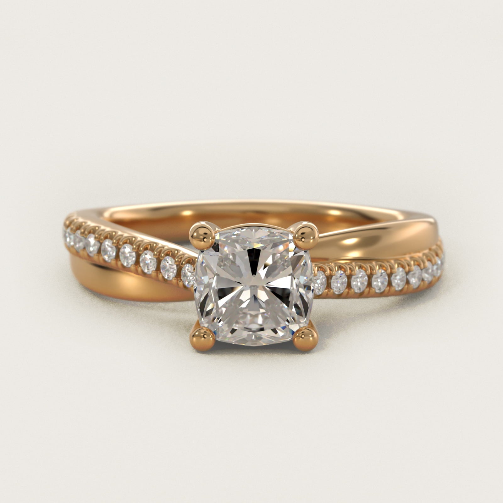 Asymmetrical PavŽ Diamond Engagement Ring in 14k Yellow Gold - Cushion Center