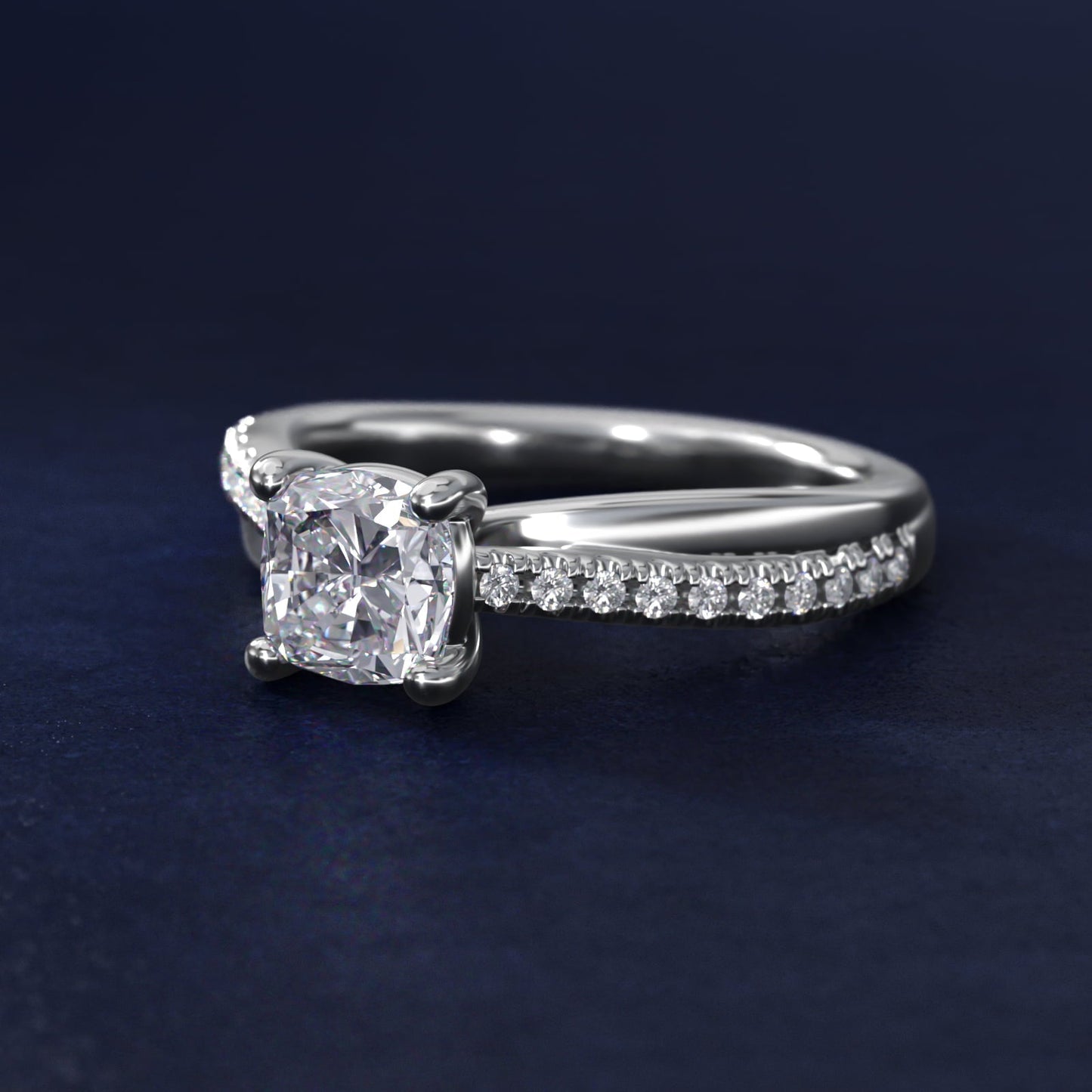 Asymmetrical Pav? Diamond Engagement Ring in Platinum - Cushion Center