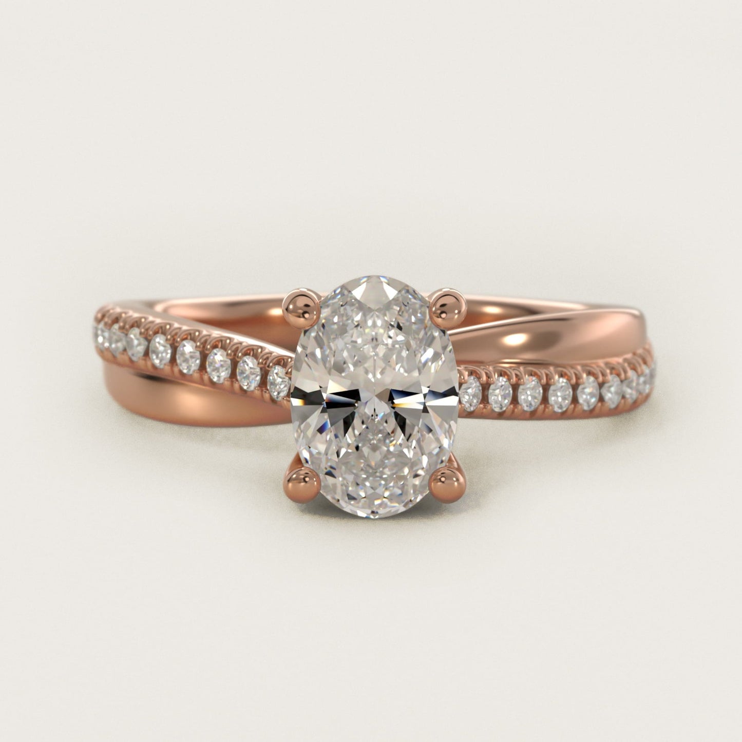 Asymmetrical Pav? Diamond Engagement Ring in 18k Rose Gold - Oval Center