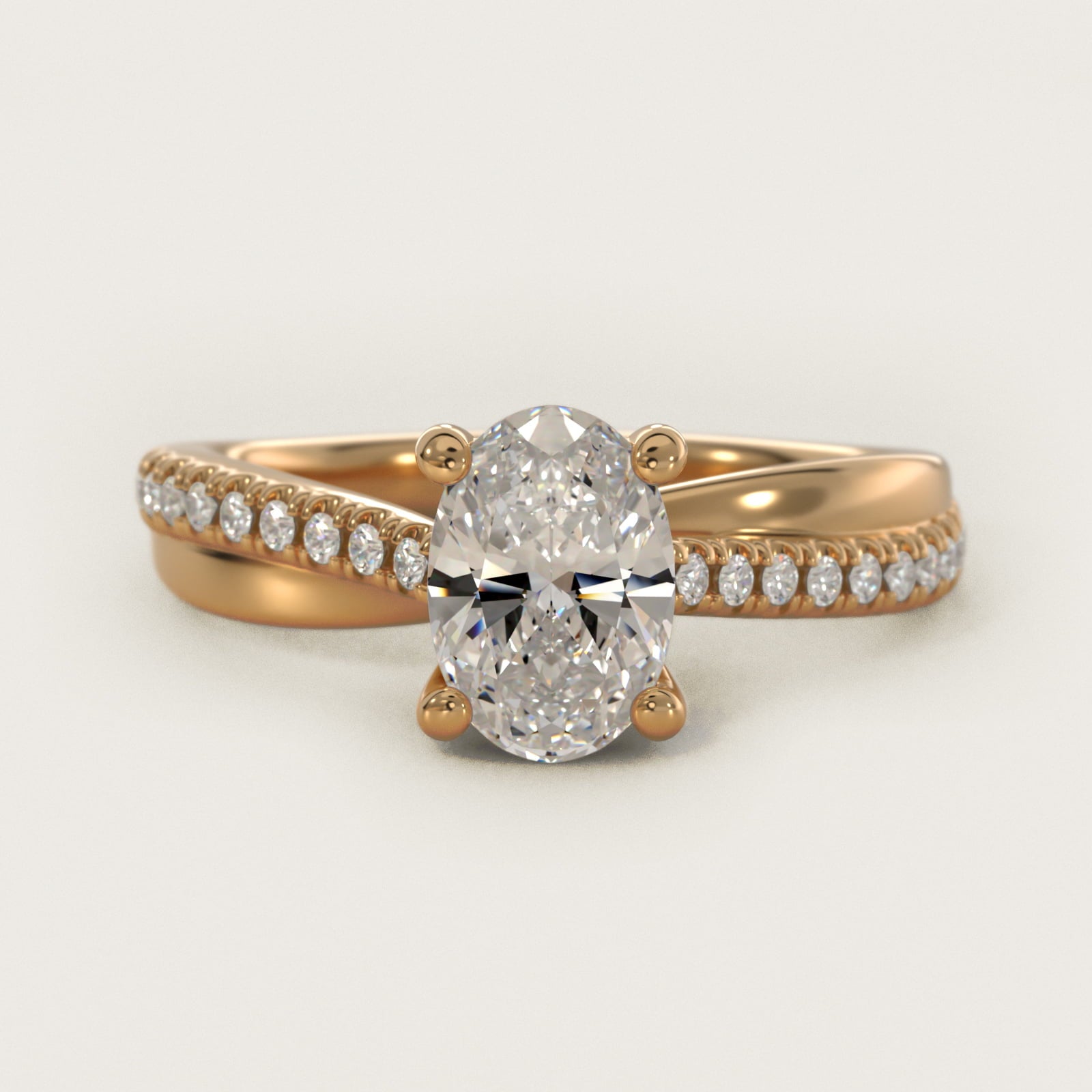 Asymmetrical PavŽ Diamond Engagement Ring in 14k Yellow Gold - Oval Center